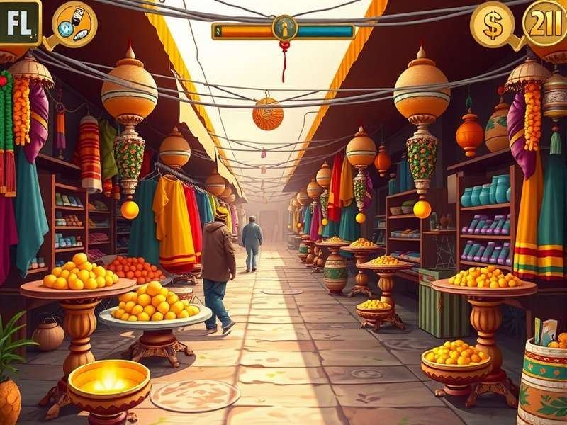 Kulfi Treasure Champion gameplay screenshot showing a player collecting treasures in a colorful Indian market